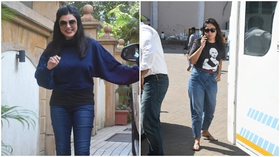 Friday was a busy day for the stars of tinseltown. Paparazzis spotted Kareena Kapoor and Sushmita Sen on the streets of Mumbai, engrossed in their professional errands. But they both slayed casual fashion in their own ways. We are taking notes.(HT Photos/Varinder Chawla)