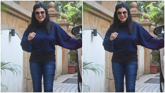 In tinted shades, Sushmita added a shade of pink lipstick and was fashion ready.(HT Photos/Varinder Chawla)