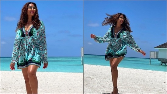 Bipasha Basu looks brighter than Maldives sky in <span class='webrupee'>₹</span>13k turquoise draped dress(Instagram/bipashabasu)