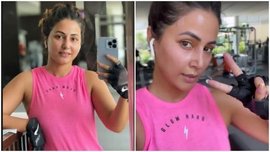 Hina Khan is sweating it out at the gym. The actor, when not appearing on the silver screen, is usually spotted in her favourite corner of the gym, working out like a beast. On Friday, Hina had a workout kinda day and the pictures post her fitness routine made their way on her Instagram stories.(Instagram/@realhinakhan)