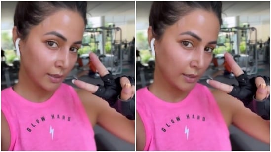 With her hair tied back in a knot, Hina posed for the camera inside the gym.(Instagram/@realhinakhan)