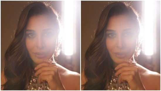 She opted for a minimal makeup look – nude eyeshadow, mascara-laden eyelashes, drawn eyebrows, contoured cheeks and a shade of maroon lipstick.(Instagram/@sophiechoudry)
