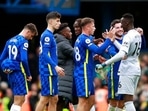 Chelsea's goalkeeper Edouard Mendy, right, celebrates with teammates at the end of the English Premier League soccer match between Chelsea and Norwich City at Stamford Bridge Stadium in London, Saturday, Oct. 23, 2021.