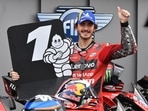 FILE PHOTO: MotoGP - Emilia Romagna Grand Prix - Qualifying - Misano World Circuit Marco Simoncelli, Misano, Italy - October 23, 2021 Ducati Lenovo Team's Francesco Bagnaia celebrates after qualifying in pole position.