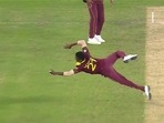 Akeal Hosein takes a stunning catch during England-West Indies tie