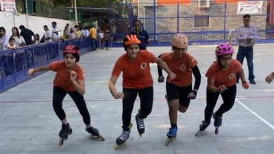Young Rolling Tigers skaters in action at Blue Bird High School in Panchkula‘s Sector 16. (HT Photo)
