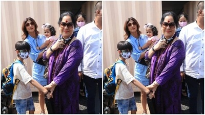 Shilpa Shetty posed with kids Viaan and Samisha and mother Sunanda Shetty as she made her way to the Gateway of India. (HT Photos/Varinder Chawla) Shilpa Shetty posed with kids Viaan and Samisha and mother Sunanda Shetty as she made her way to the Gateway of India. (HT Photos/Varinder Chawla)