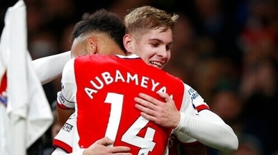 Emile Smith Rowe celebrates after scoring Arsenal's third goal during the Premier League game against Aston Villa. (AP) Emile Smith Rowe celebrates after scoring Arsenal's third goal during the Premier League game against Aston Villa. (AP)