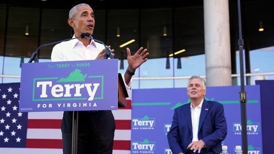 Former President Barack Obama, left, speaks during a rally with Democratic gubernatorial candidate, former Virginia Gov. Terry McAuliffe in Richmond. (AP)