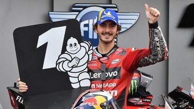 FILE PHOTO: MotoGP - Emilia Romagna Grand Prix - Qualifying - Misano World Circuit Marco Simoncelli, Misano, Italy - October 23, 2021 Ducati Lenovo Team's Francesco Bagnaia celebrates after qualifying in pole position. (REUTERS)