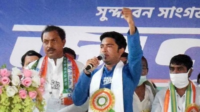 Trinamool Congress General Secretary Abhishek Banerjee durng by-election campaign at Gosaba in South 24 Parganas. (PTI Photo) Trinamool Congress General Secretary Abhishek Banerjee durng by-election campaign at Gosaba in South 24 Parganas. (PTI Photo)