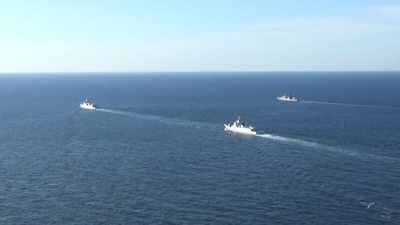 A group of naval vessels from Russia and China conduct a joint maritime military patrol in the waters of the Pacific Ocean.&nbsp; (Russian Defence Ministry/Handout via REUTERS)