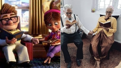The image shows an elderly couple dressed as characters from the animated film Up. (Twitter/@Kulfei) The image shows an elderly couple dressed as characters from the animated film Up. (Twitter/@Kulfei)