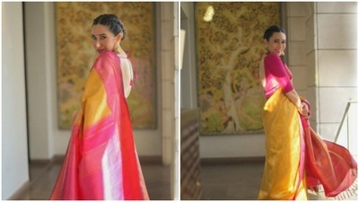 Karisma Kapoor, in a ₹62K Kanchipuram saree, is ready for the festive season (Instagram/@therealkarismakapoor) Karisma Kapoor, in a ₹62K Kanchipuram saree, is ready for the festive season (Instagram/@therealkarismakapoor)