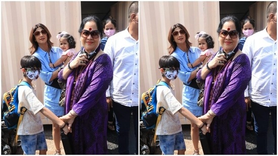 Shilpa and Alia’s weekend outfits gave us major summer fashion goals Shilpa Shetty posed with kids Viaan and Samisha and mother Sunanda Shetty as she made her way to the Gateway of India.(HT Photos/Varinder Chawla)