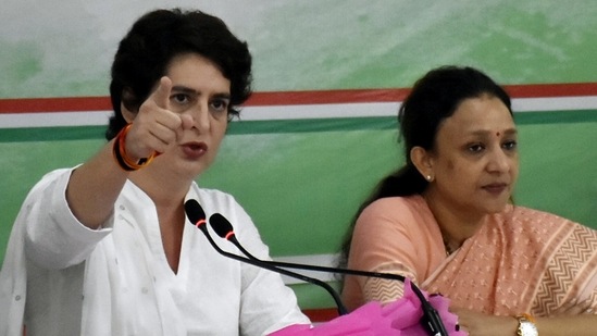 Congress general secretary Priyanka Gandhi Vadra has been campaigning aggressively for assembly elections in Uttar Pradesh. She will launch three pratigya yatras in the state on Saturday.(ANI Photo) Congress general secretary Priyanka Gandhi Vadra has been campaigning aggressively for assembly elections in Uttar Pradesh. She will launch three pratigya yatras in the state on Saturday.(ANI Photo)