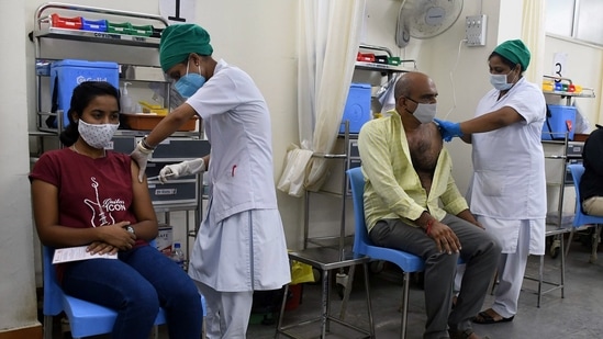 People get a shot of the Covid-19 vaccine during a vaccination drive at Nair Hospital in Mumbai (ANI).&nbsp;