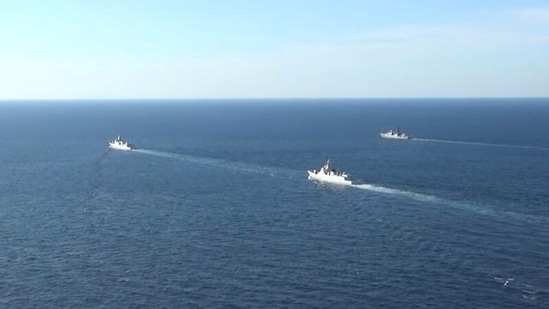 A group of naval vessels from Russia and China conduct a joint maritime military patrol in the waters of the Pacific Ocean.&nbsp;(Russian Defence Ministry/Handout via REUTERS)