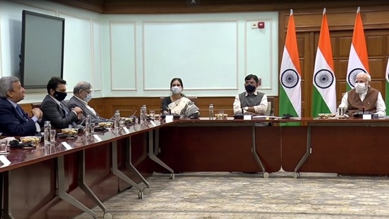 Prime Minister Narendra Modi at the meeting with seven vaccine manufacturers on the occasion of India achieving 100-crore vaccine doses milestone. (Screengrab)