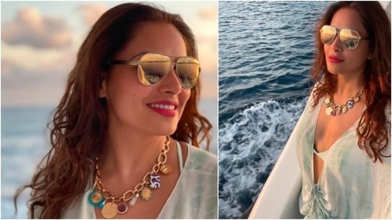 The gorgeous Bipasha Basu donned grey swimwear and teamed it with a breezy kaftan as she goes on "Sunset Cruising" in the Maldives.(Instagram/@bipashabasu)