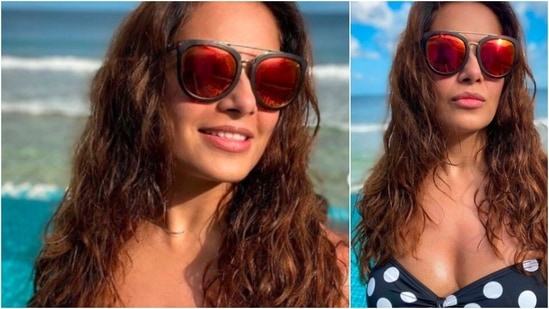 Bipasha Basu took a dip in the pool donning this funky polka-dotted swimsuit.(Instagram/@bipashabasu)