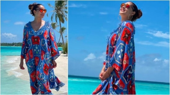 Bipasha Basu wore this stylish hand embroidered signature vintage kaftan by Verandah on her Maldives vacation.