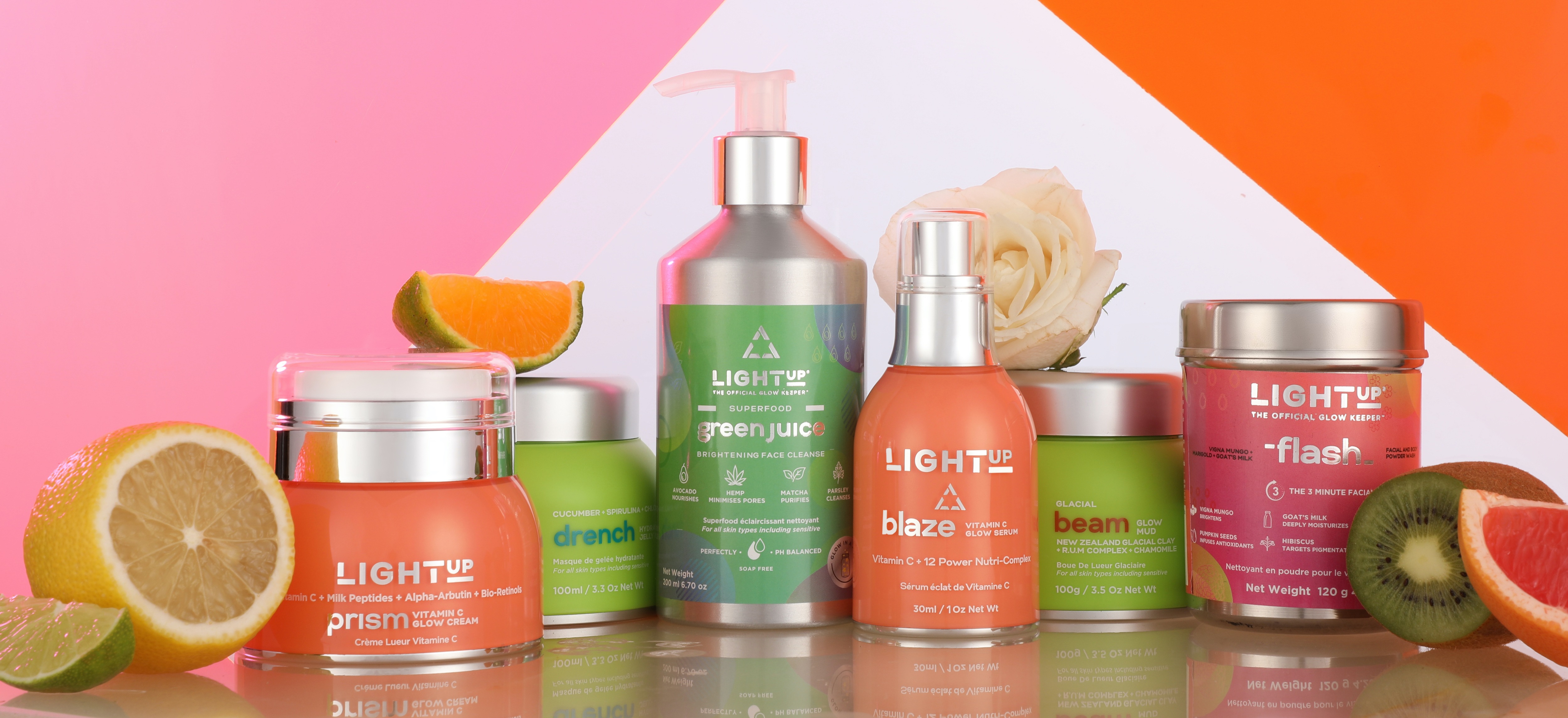 This includes a Vitamin C glow cream & serum, hydrating jelly mask, glacial glow mud, facial & body powder wash (a three minute facial) and a green juice face cleanse This includes a Vitamin C glow cream & serum, hydrating jelly mask, glacial glow mud, facial & body powder wash (a three minute facial) and a green juice face cleanse