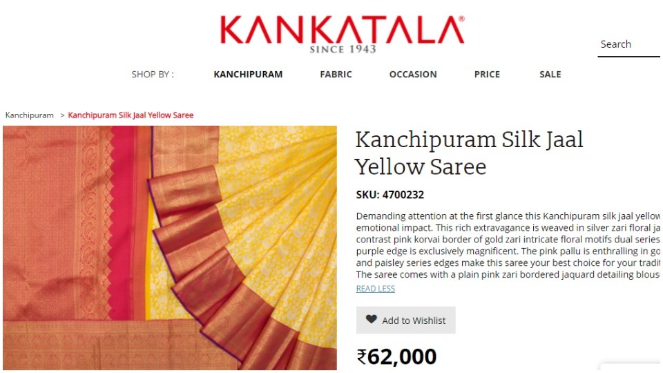 The saree adorned by Karisma in the picture, is priced at ₹62,000 in the designer house’s official website.(www.kankatala.com)