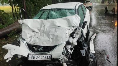 One of the cars involved in the road accident that took place on Nabha-Bhadson road in Patiala on Sunday. (HT Photo)