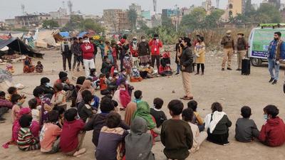Vrinda Shukla, deputy commissioner of police (DCP) of Gautam Budh Nagar, who also heads the project, interacts with the slum children in Noida on Sunday. (Sourced) Vrinda Shukla, deputy commissioner of police (DCP) of Gautam Budh Nagar, who also heads the project, interacts with the slum children in Noida on Sunday. (Sourced)