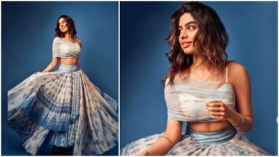 Khushi Kapoor earlier turned muse for designer Anita Dongre. She posed for the camera in a beautiful blue and white lehenga. (Instagram/@khushi05k) Khushi Kapoor earlier turned muse for designer Anita Dongre. She posed for the camera in a beautiful blue and white lehenga. (Instagram/@khushi05k)
