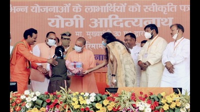 Chief minister Yogi Adityanath during a programme in Bhadohi, Sunday. (PTI)