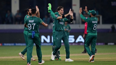 Dubai: Pakistan's Shaheen Afridi, centre, celebrates with teammates after dismissing Indian cricket captain Virat Kohli during the Cricket Twenty20 World Cup match between India and Pakistan in Dubai, UAE, Sunday, Oct. 24, 2021. AP/PTI Photo(AP10_24_2021_000194B) (AP) Dubai: Pakistan's Shaheen Afridi, centre, celebrates with teammates after dismissing Indian cricket captain Virat Kohli during the Cricket Twenty20 World Cup match between India and Pakistan in Dubai, UAE, Sunday, Oct. 24, 2021. AP/PTI Photo(AP10_24_2021_000194B) (AP)