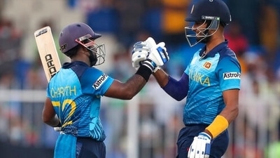 Sri Lanka's Charith Asalanka, left, celebrates with teammate Dasun Shanaka after defeating Bangladesh in their Cricket Twenty20 World Cup match in Sharjah, UAE, Sunday, Oct. 24, 2021. (AP) Sri Lanka's Charith Asalanka, left, celebrates with teammate Dasun Shanaka after defeating Bangladesh in their Cricket Twenty20 World Cup match in Sharjah, UAE, Sunday, Oct. 24, 2021. (AP)