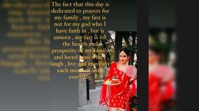 Raveena Tandon shared an Instagram story where she can be seen wearing a bright red sharara set and holding a puja thali and a Chalni. She wrote, "To the fact that this day is dedicated to prayers for my family, my fast is not for my god who I have faith in , but is unseen. My fast is for the health and prosperity of my family and loved ones, who laugh, live, enjoy and my each moment with everyday. Happy Karwa Chauth Ladies! God bless you and your family." (Instagram/@officialraveenatandon)