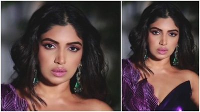 Bhumi Pednekar accessorised her look with a pair of long green earrings. With her hair waved and left open, Bhumi Pednekar posed for the camera. (Instagram/@elevate_promotions) Bhumi Pednekar accessorised her look with a pair of long green earrings. With her hair waved and left open, Bhumi Pednekar posed for the camera. (Instagram/@elevate_promotions)
