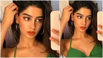 Khushi Kapoor goes goofy as she poses for a mirror selfie in a basic green top and denims. (Instagram/@khushi05k) Khushi Kapoor goes goofy as she poses for a mirror selfie in a basic green top and denims. (Instagram/@khushi05k)