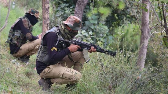 Security personnel in position at the encounter site in Bhatadurian area of Mendhar in Poonch district of Jammu and Kashmir. (PTI File Photo)