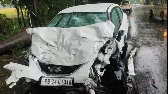 One of the cars involved in the road accident that took place on Nabha-Bhadson road in Patiala on Sunday. (HT Photo)