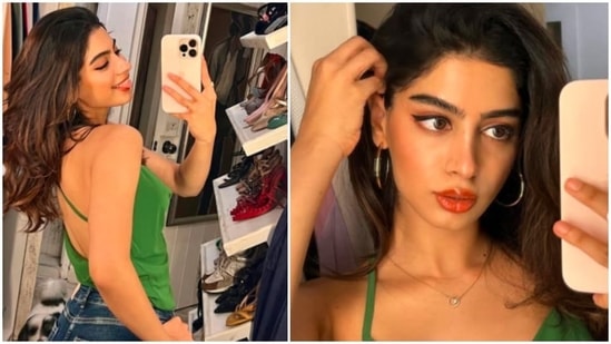 Style icons Khushi Kapoor and Janhvi Kapoor's fashion game is always on point. Khushi's Instagram handle is proof that she loves all things fashion. Recently, she made head turns when she shared a few photos of herself in a green strappy tucked in top and high-rise denims.(Instagram/@khushi05k)