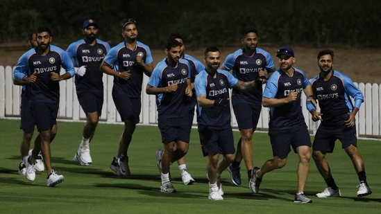 Indian cricket team players train a day ahead of their match against Pakistan, in Dubai, UAE, Saturday, Oct. 23, 2021. (AP)
