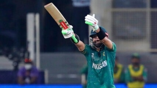 Pakistan's Mohammad Rizwan gestures towards the umpire before facing his next delivery during the Cricket Twenty20 World Cup match between India and Pakistan in Dubai, UAE, Sunday, Oct. 24, 2021. (AP Photo/Aijaz Rahi)(AP)