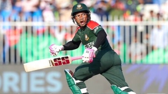 Bangladesh's Mushfiqur Rahim reacts as he runs between the wickets during the Cricket Twenty20 World Cup match between Sri Lanka and Bangladesh in Sharjah, UAE, Sunday, Oct. 24, 2021. (AP)