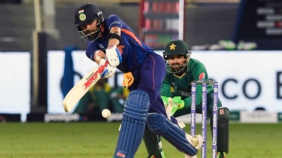 Virat Kohli plays a shot in the T20 World Cup match between India and Pakistan.&nbsp;(AP)