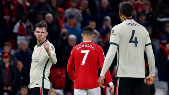 Andy Robertson celebrates Liverpool's 5-0 win over Manchester United. (AP) Andy Robertson celebrates Liverpool's 5-0 win over Manchester United. (AP)