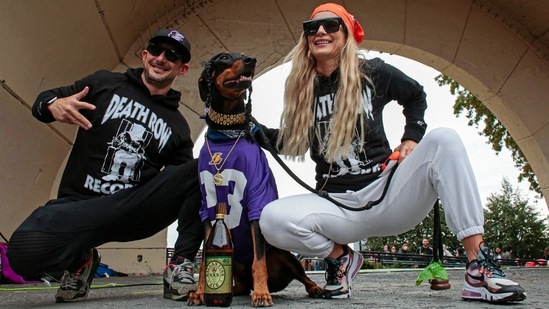 A dog in a ‘Snoop Dog’ costume attends the annual Tompkins Square Halloween Dog Parade at East River Park Amphitheater in New York.(AFP)