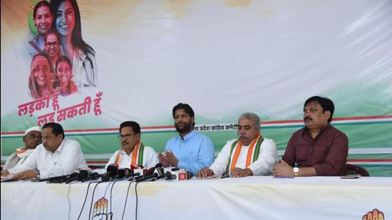 Uttar Pradesh Congress leaders at a press conference in Lucknow on Sunday. (SOURCED IMAGE)