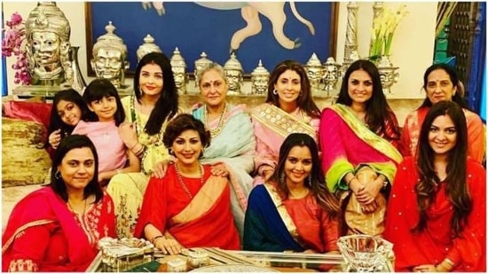 Here is a glimpse of a Karwa Chauth celebration at Amitabh Bachchan's residence. Sonali Bendre also joined Aishwarya and Jaya Bachchan at the do. 