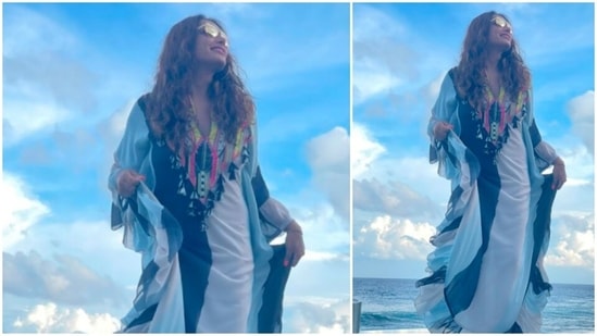 Bipasha Basu looked stunning in this long Kaftan by designer Payal Singhal.(Instagram/@bipashabasu)
