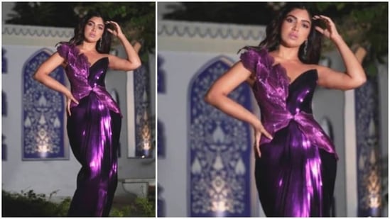 Bhumi Pednekar looks like a vision in this jaw-dropping purple metallic moulded dress.(Instagram/@elevate_promotions)